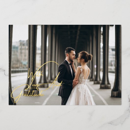 愛と感謝ゴールドフォイル結婚のサンキューカード 箔招待状 (正面)