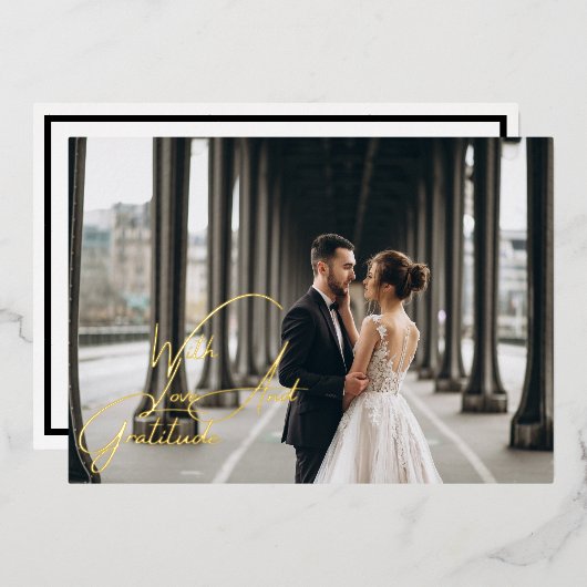 愛と感謝ゴールドフォイル結婚のサンキューカード 箔招待状 (正面/裏面)