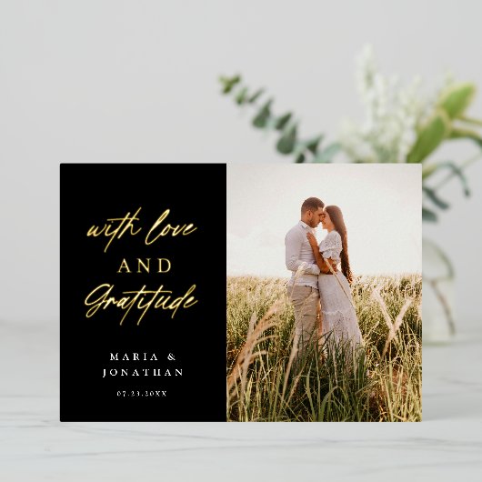 愛と感謝結婚の写真ありがとう 箔招待状 (立ち正面)