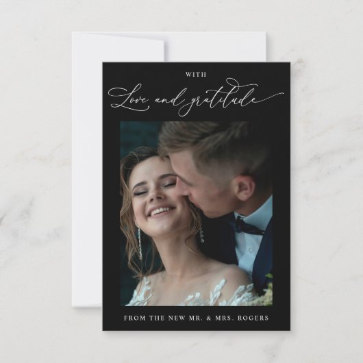 愛と感謝、白黒の写真結婚の サンキューカード (正面)