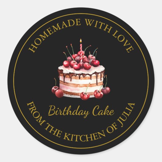 愛と手作りお誕生日ケーキラベル |黒 ラウンドシール (正面)