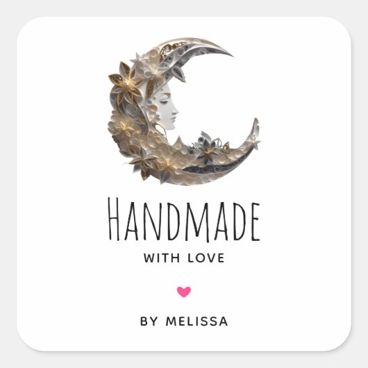愛と手作り月の美しい顔 スクエアシール (正面)