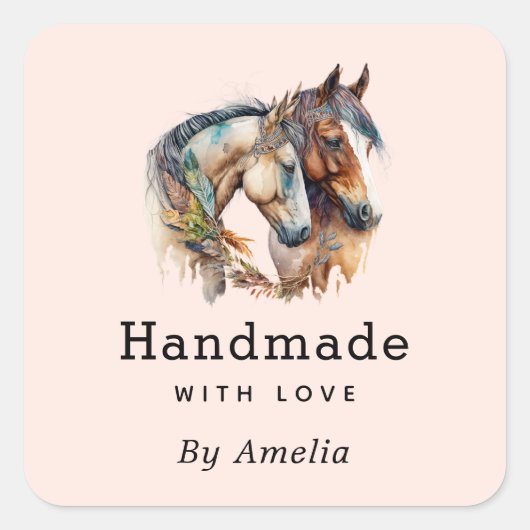 愛と手作り2つの美しい馬ウェスタン スクエアシール (正面)