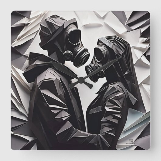 愛と抵抗の折り紙B/W スクエア壁時計 (正面)