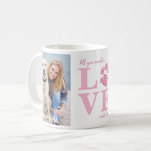 愛と犬のカスタムペット写真ピンクバレンタインデー コーヒーマグカップ (正面左)