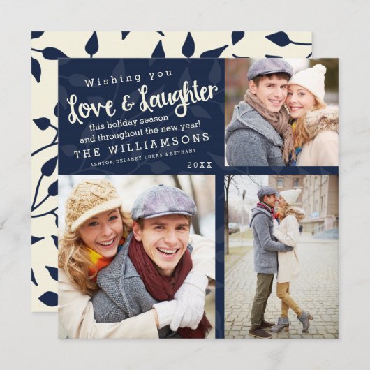 愛と笑いのホリデーカード/ネービーブルー 招待状 (正面/裏面)