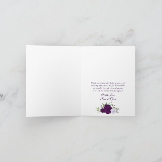 愛と紫感謝していのバラ写真QRコー結婚ド サンキューカード (内部)