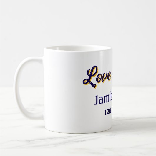 愛と紫感謝していオレンジカップル名の日付 コーヒーマグカップ (左)