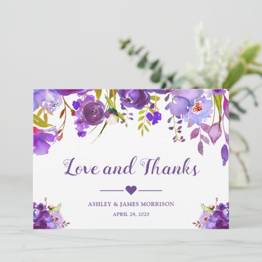 愛と紫感謝してい紫の水の色のフローラ サンキューカード (スタンド正面)