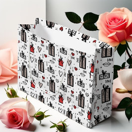 愛と贈り物バレンタインデー手書きグラフィック ラージペーパーバッグ