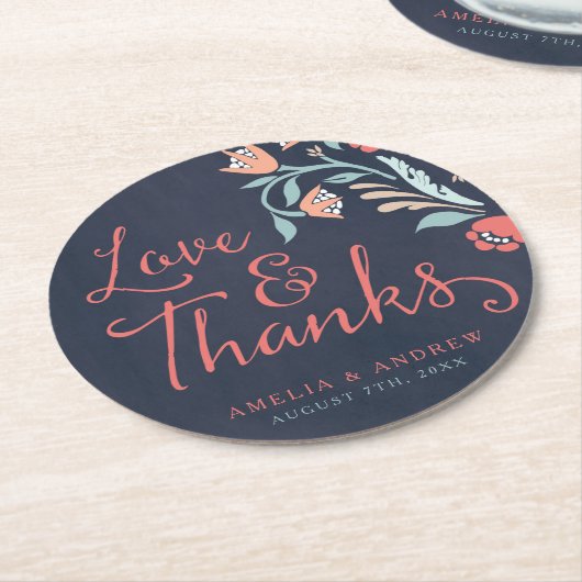愛と青感謝してい色のシャルボードフローラ結婚の ラウンドペーパーコースター (アングル)