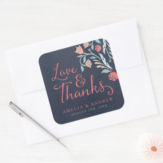 愛と青感謝してい色の黒板フローラ結婚の スクエアシール (封筒)