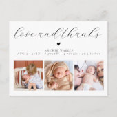 愛と3感謝していベビー写真誕生のお知らせ ポストカード (正面)