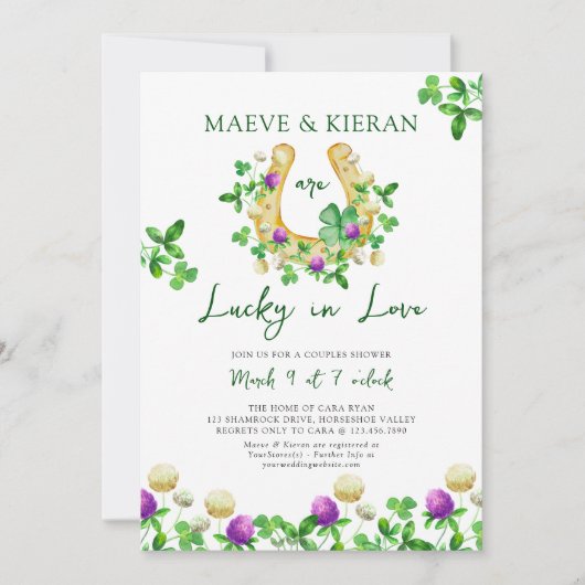 愛に恵まれたラッキーのアイルランド風シャワーのお知らせ シャムロックとクローバー 招待状 (正面)