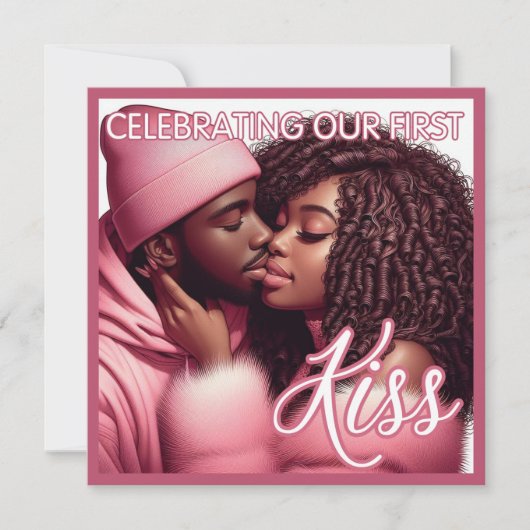 愛に満ちたアフリカ系アメリカ人カップルのファーストキス ピンク シーズンカード (正面)