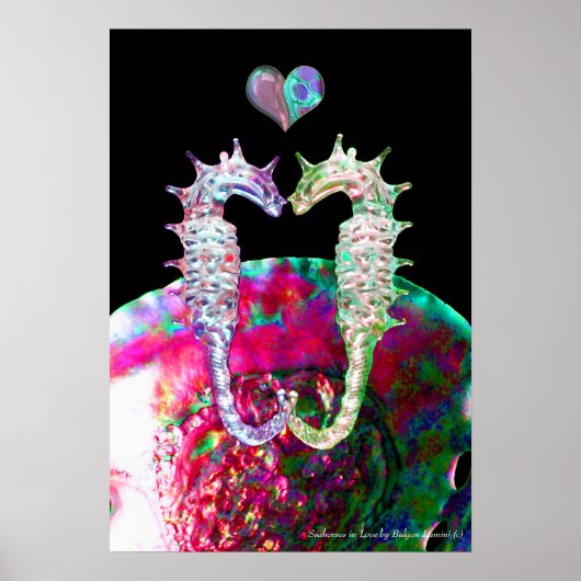 愛に満ちたタツノオトシゴとピンクの真珠母貝 ポスター (正面)