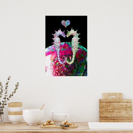 愛に満ちたタツノオトシゴとピンクの真珠母貝 ポスター (キッチン)