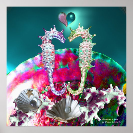 愛に満ちたタツノオトシゴ、ピンクと青とターコイズの真珠の母 ポスター (正面)