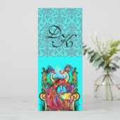 愛に満ちた孔雀たち 水のような青いターコイズ ダマスク織のモノグラム 招待状 (スタンド正面)