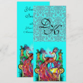 愛に満ちた孔雀たち 水のような青いターコイズ ダマスク織のモノグラム 招待状 (正面/裏面)