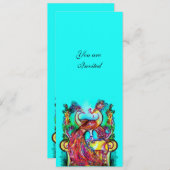 愛に満ちた孔雀 , 赤 青 ターコイズ 緑 招待状 (正面/裏面)