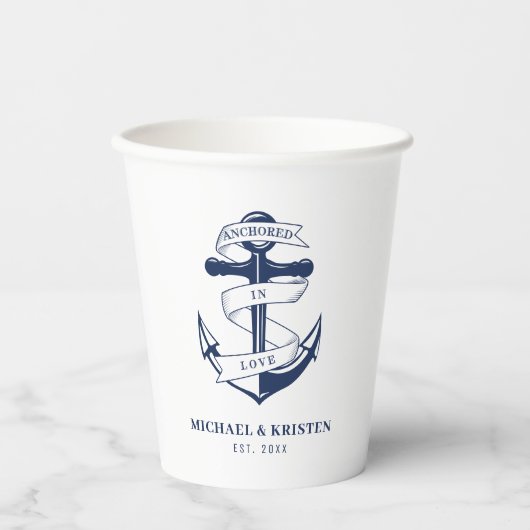 愛に繋がれた 白い航海アンカーの結婚式 紙コップ (正面)