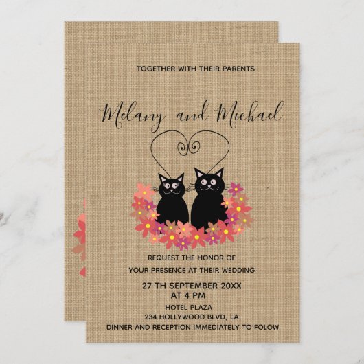 愛のおもしろいフローラ漫画の猫 招待状 (正面/裏面)