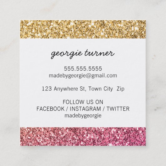 愛のかわいい包装で作られたグリッター金ゴールドピンク スクエア名刺 (裏面)