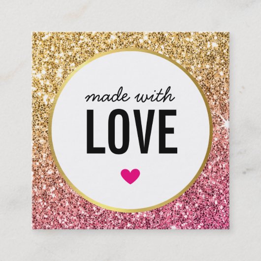 愛のかわいい包装で作られたグリッター金ゴールドピンク スクエア名刺 (正面)