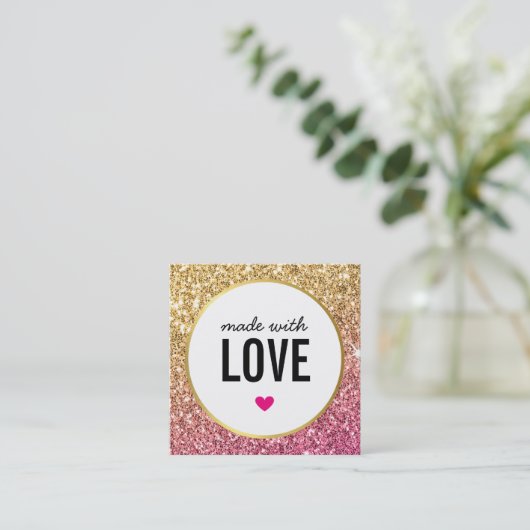 愛のかわいい包装で作られたグリッター金ゴールドピンク スクエア名刺 (スタンド正面)