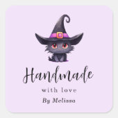 愛のかわいい黒猫を魔女の帽子に手作り スクエアシール (正面)