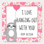 愛のアウトぶら下がったかわいいナマケモノの子供クラスのバレンタイン スクエアシール (正面)