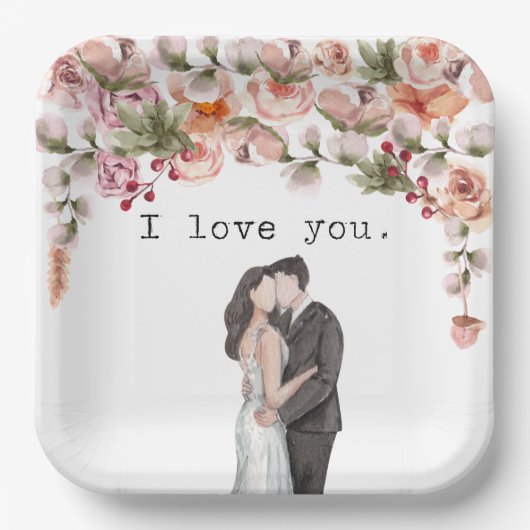 愛のウェディングパーティー水彩花エレガント ペーパープレート (正面)