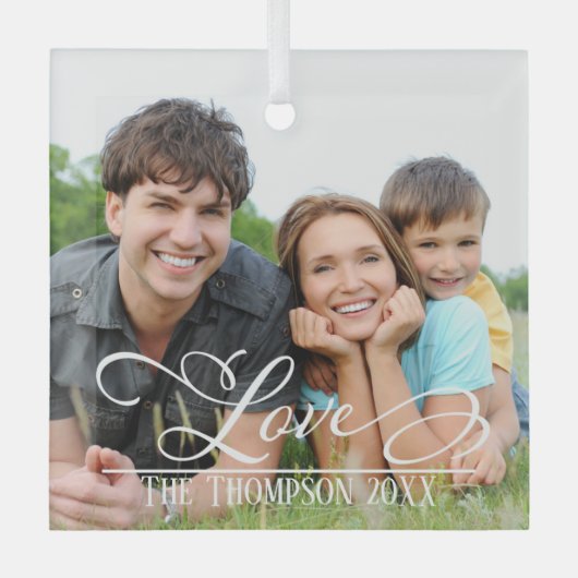 愛のエレガントクリスマスフォトパーソナライズされたー名 ガラスオーナメント (正面)