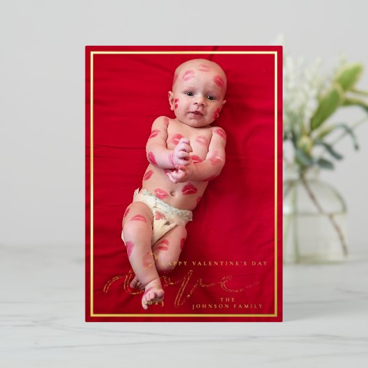 愛のエレガントスクリプトValentine's Day家族写真 箔シーズンカード (立ち正面)