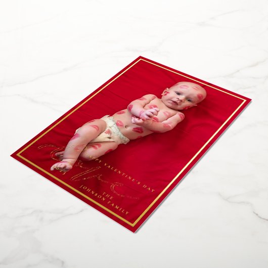 愛のエレガントスクリプトValentine's Day家族写真 箔シーズンカード (回転した状態)