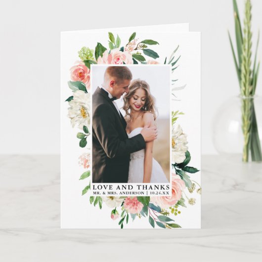 愛のエレガント水感謝してい色ピンクのフローラ折り畳み サンキューカード (正面)