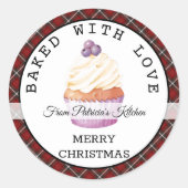 愛のカップケーキ焼いた付き赤いクリスマスプレイド ラウンドシール (正面)