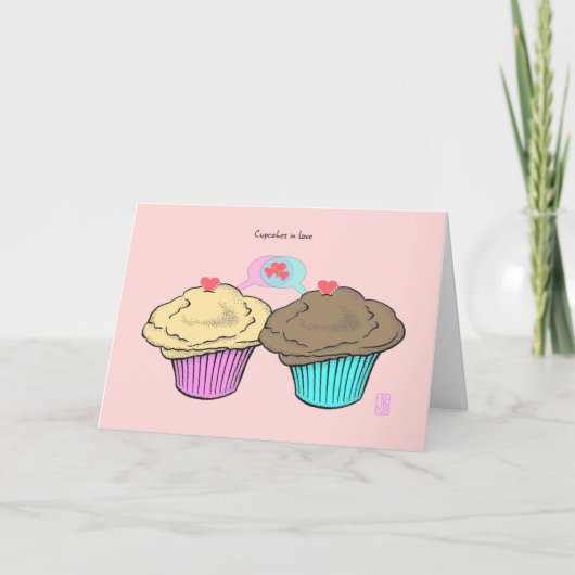愛のカップケーキCustardChocoPinkBlueバレンタイン カード (正面)
