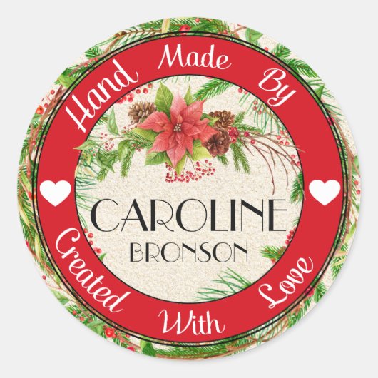 愛のクリスマスステッカーで作られた手 ラウンドシール (正面)