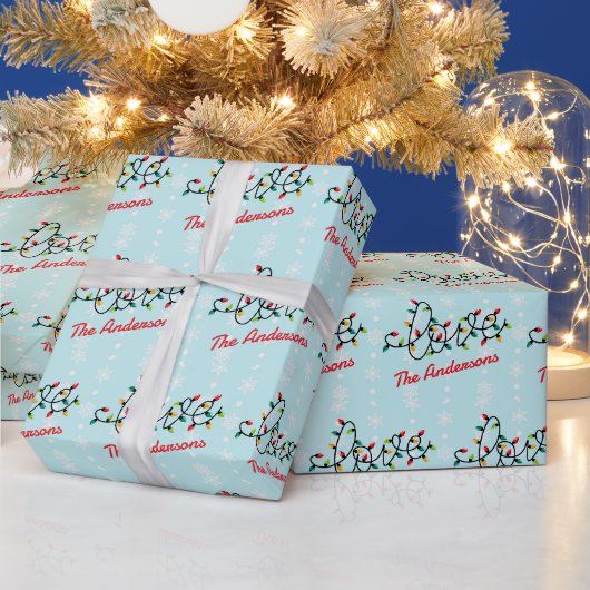 愛のクリスマスライト、雪片、名前 ラッピングペーパー (クリスマス)