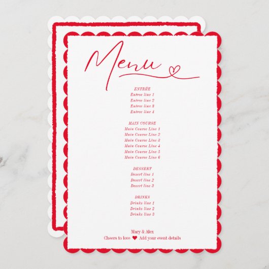 愛のシンプルな赤いハートの結婚式 メニュー (正面/裏面)