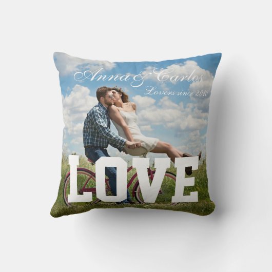 愛のシンプルカップル写真の名前の追加文字とメッセージ クッション (裏面)