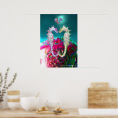 愛のシーホース、ピンクのティール（緑がかった色）ブルーの母の真珠 ポスター (キッチン)