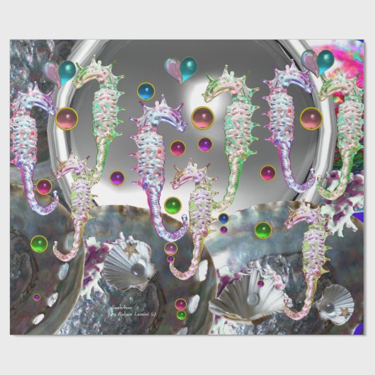 愛のシーホース、ピンクのティール（緑がかった色）ブルーの母の真珠 ラッピングペーパー (フラット)