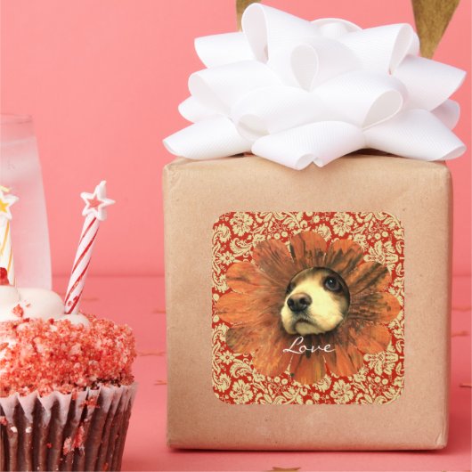 愛のステッカー – かわいい子犬が花からのぞく スクエアシール (パーティー)