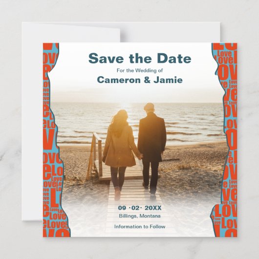 愛のタイポグラフィ縁どあなたの写真の日付を保存 マグネット招待状 (正面)