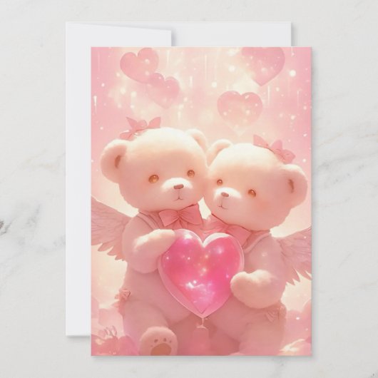 愛のハロ：ロマンチックなエンジェルテディ ウェディング招待状 招待状 (正面)