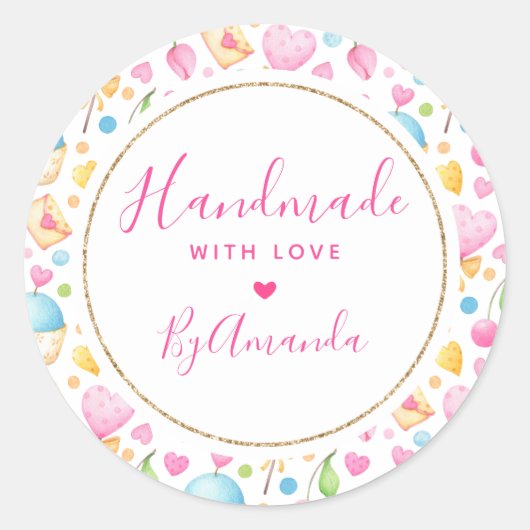 愛のハートとマフィンパターンで作られる ラウンドシール (正面)