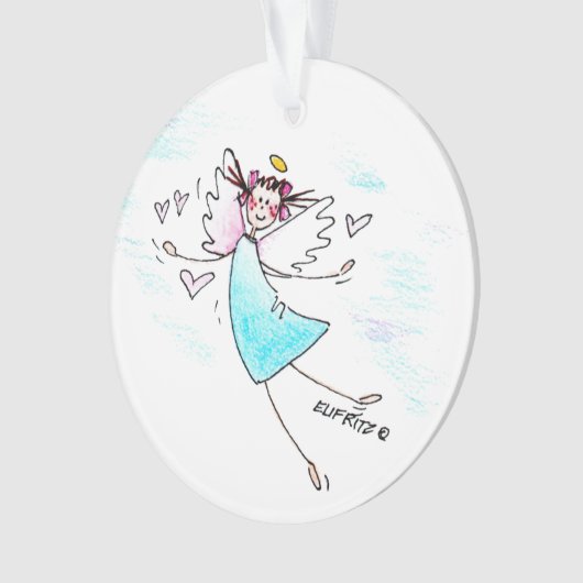 愛のハートを連れてくる笑顔の青いガウンの天使 オーナメント (正面)